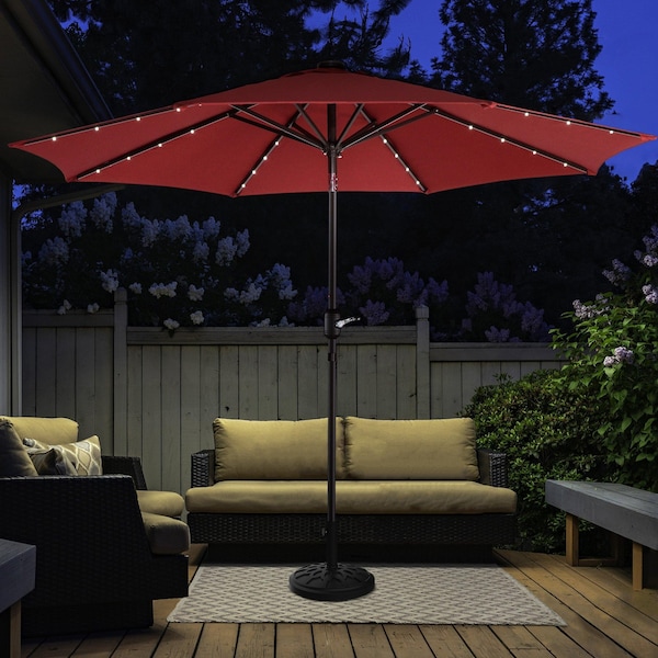 Villacera 9-Foot LED Outdoor Patio Umbrella with Solar Lights with Base, Red 83-OUT5423B - main